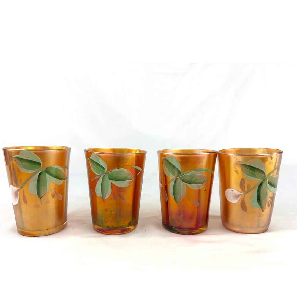 Lot of 4 Antique Fenton Enameled Windflower Marigold Carnival Glass Tumblers